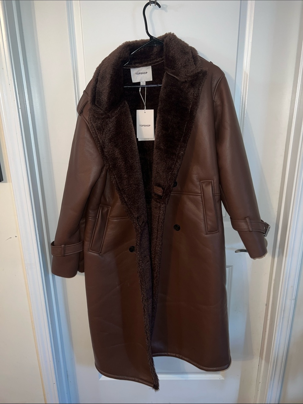 Topshop Brown Faux-Leather Shearling Long Coat